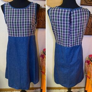 Vintage 90s Denim Chambray Jumper Dress Plaid Folk Cottagecore Teacher Classic M